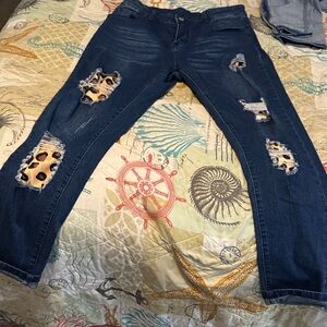 Amazon Essentials Dark Blue Skinny Jeans with Leopard Patch Distressing